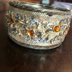 Gold Tone Bangle Bracelet with Beaded Ribbon